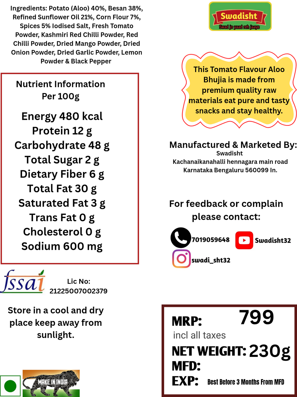 Healthy Aloo Bhujia Tangy Tomato Flavour 230g